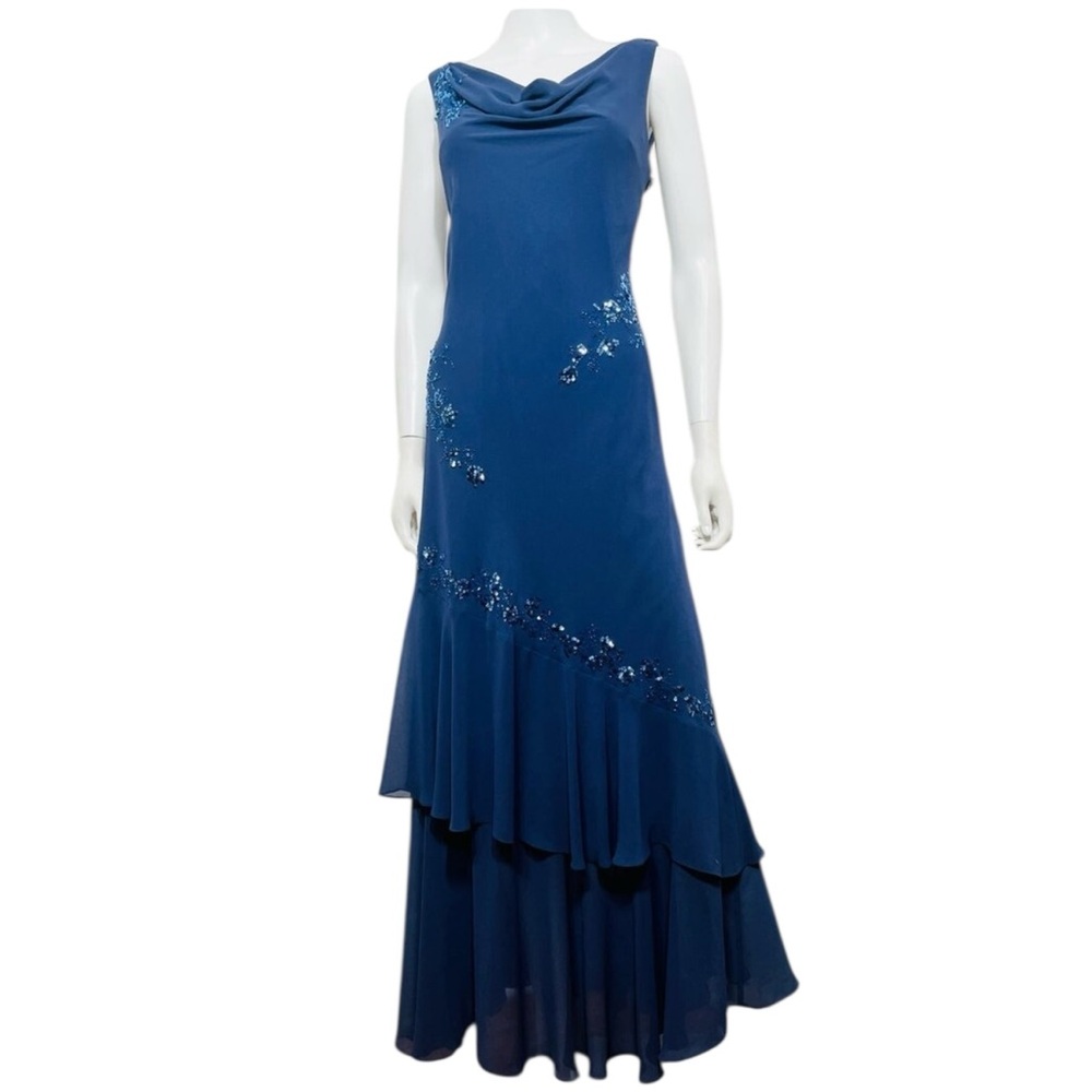 Alex Evenings 1990s Vintage Blue Sequined Bias Cut Long Dress Size 14